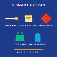 Illustrated thumbnail showing five campaign products from The Blue Deal: Sharpies, sticky notes, bandanas, tote bags, and water bottles.