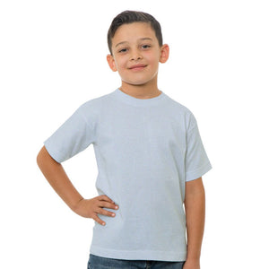 Child posing in a light blue t-shirts