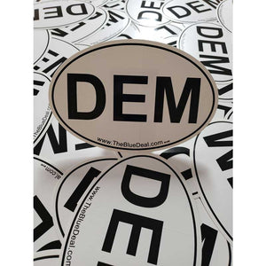 Sticker with 'DEM' text on a white background