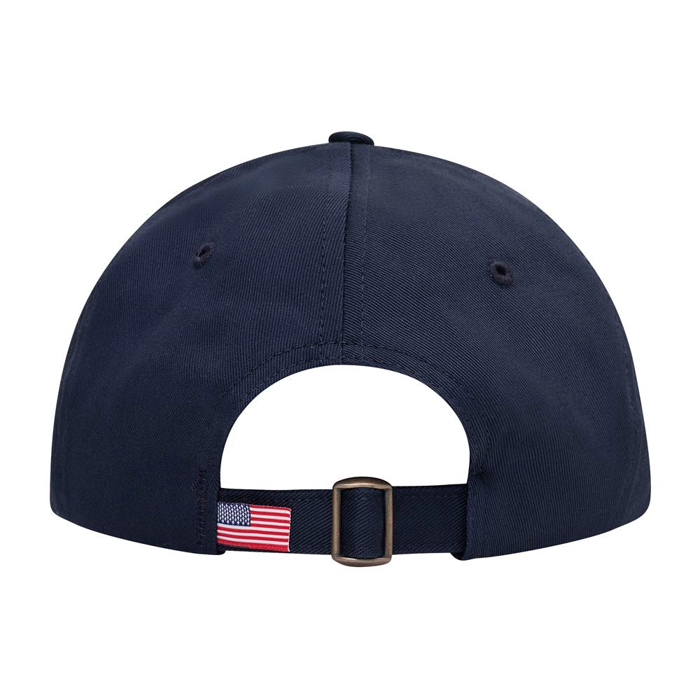 Back view of unstructured navy hat