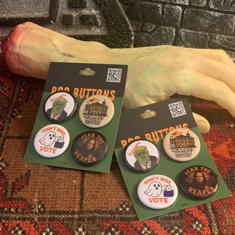 Two sets of Halloween buttons in a spooky setting