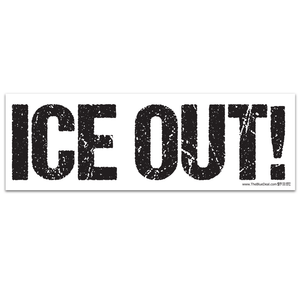 Horizontal white bumper sticker with distressed black text reading "ICE OUT!" and union bug detail