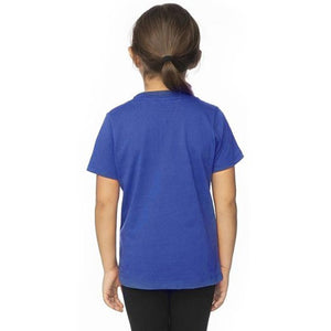 Backside of a toddler wearing a blue Royal Apparel t-shirt