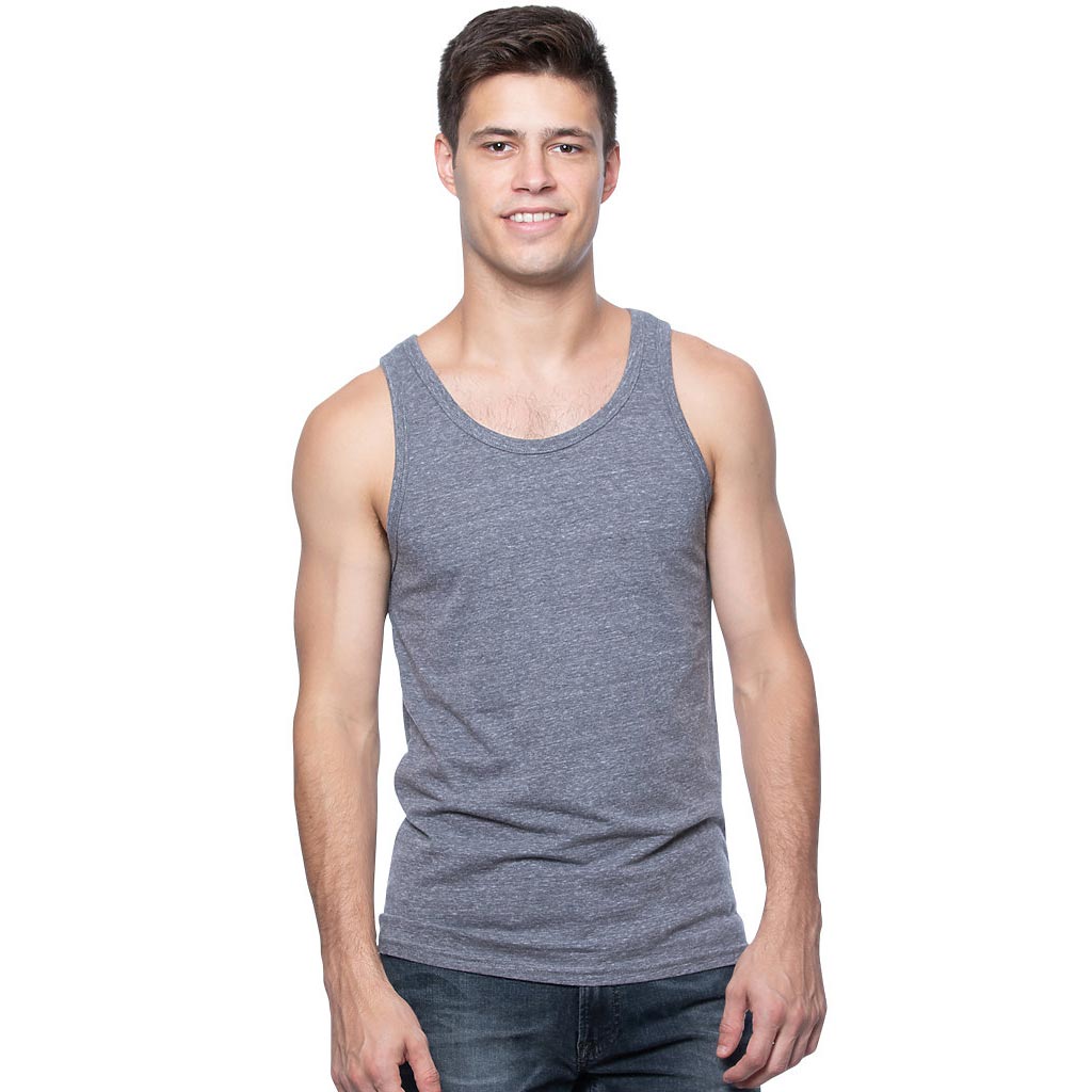 Man modeling a tri vintage grey tank top