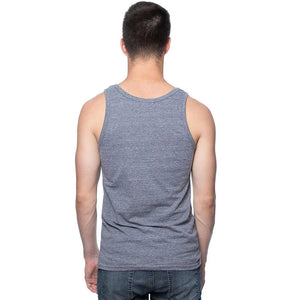 Back view of man modeling a vintage grey tank top