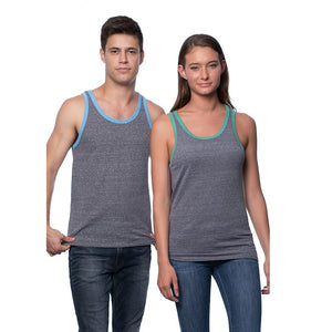 Man and woman modeling vintage grey tank tops