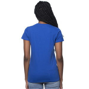 Backside of a woman wearing a blue Royal Apparel t-shirt