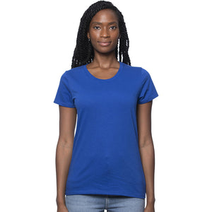 Woman wearing a blue Royal Apparel soft jersey t-shirt