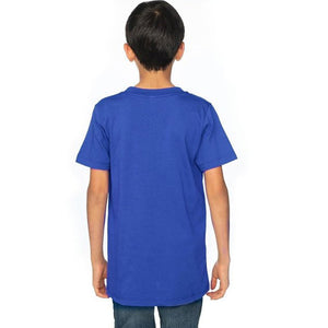 Backside of youth wearing a blue royal apparel t-shirt