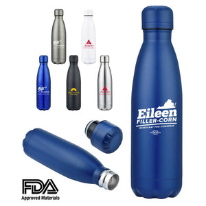 Blue stainless steel water bottle with a 1-color logo