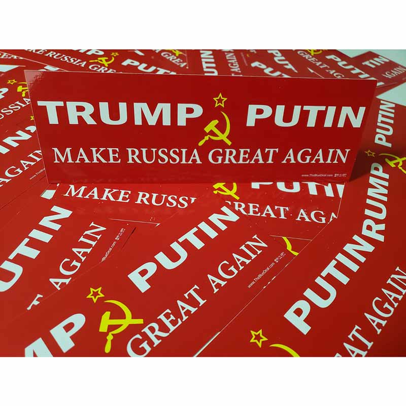 Bumper stickers with 'Trump Putin Make Russia Great Again' text and Soviet symbols.