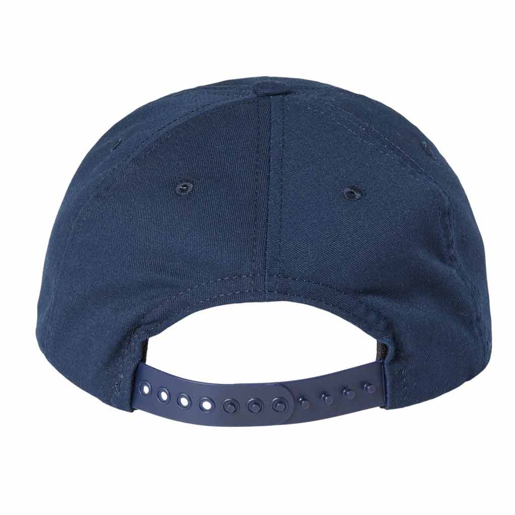 Back view of navy blue baseball cap with snap closure
