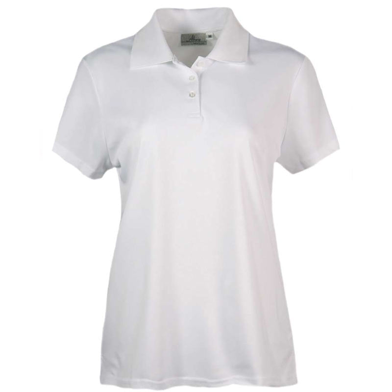A women's white moisture-wicking polo