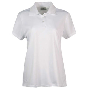 A women's white moisture-wicking polo