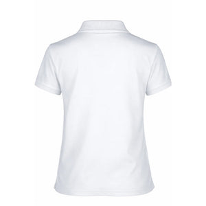 The back view of a women's white moisture-wicking polo