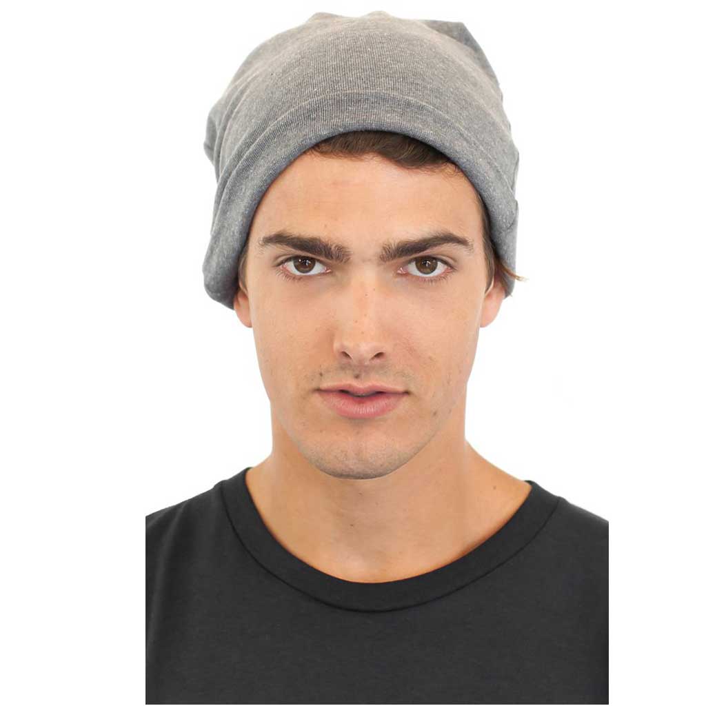Man Wearing a Heather Charcoal Beanie